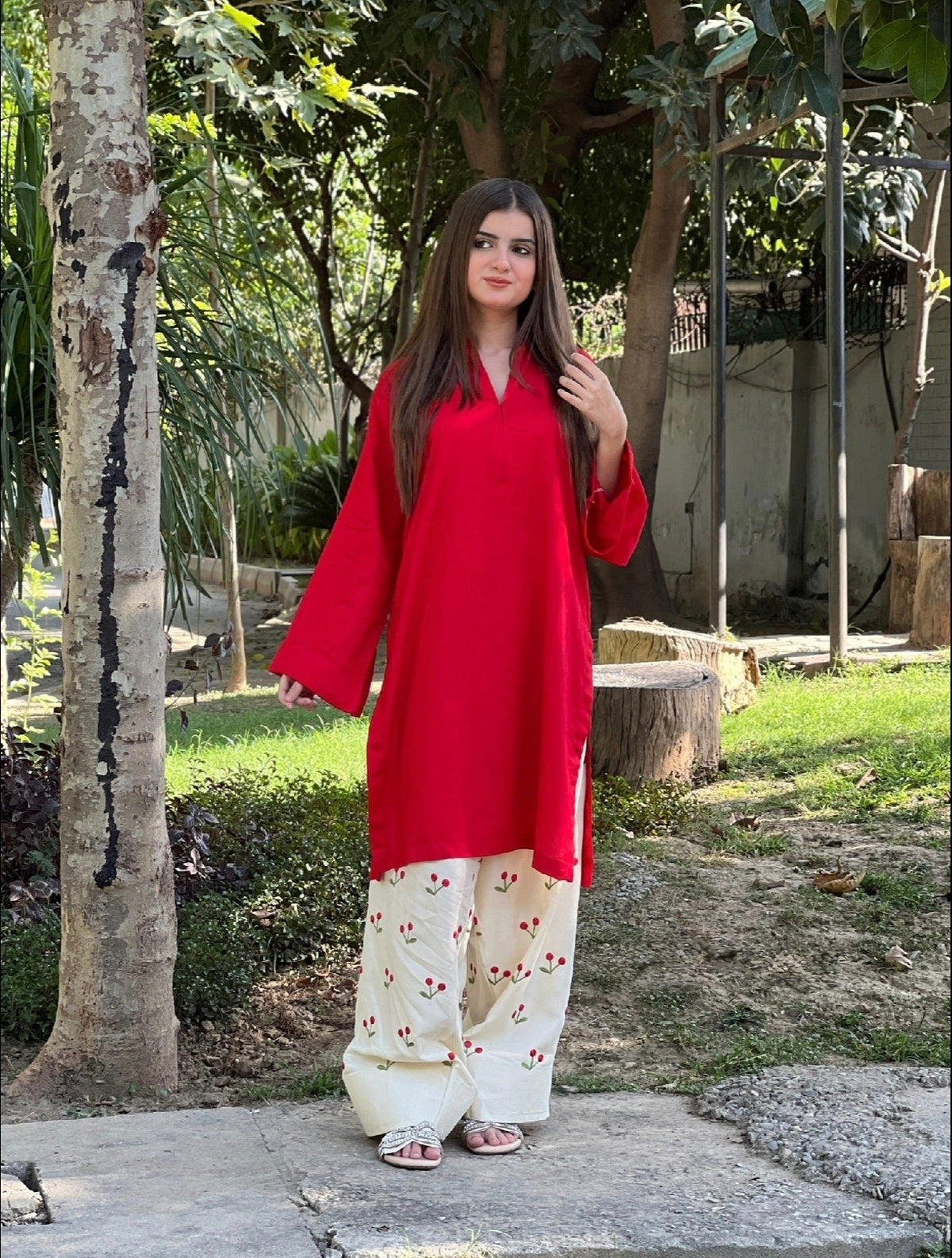LAL PARI 2 PC Solid Shirt with Embroidered Farshi shalwar