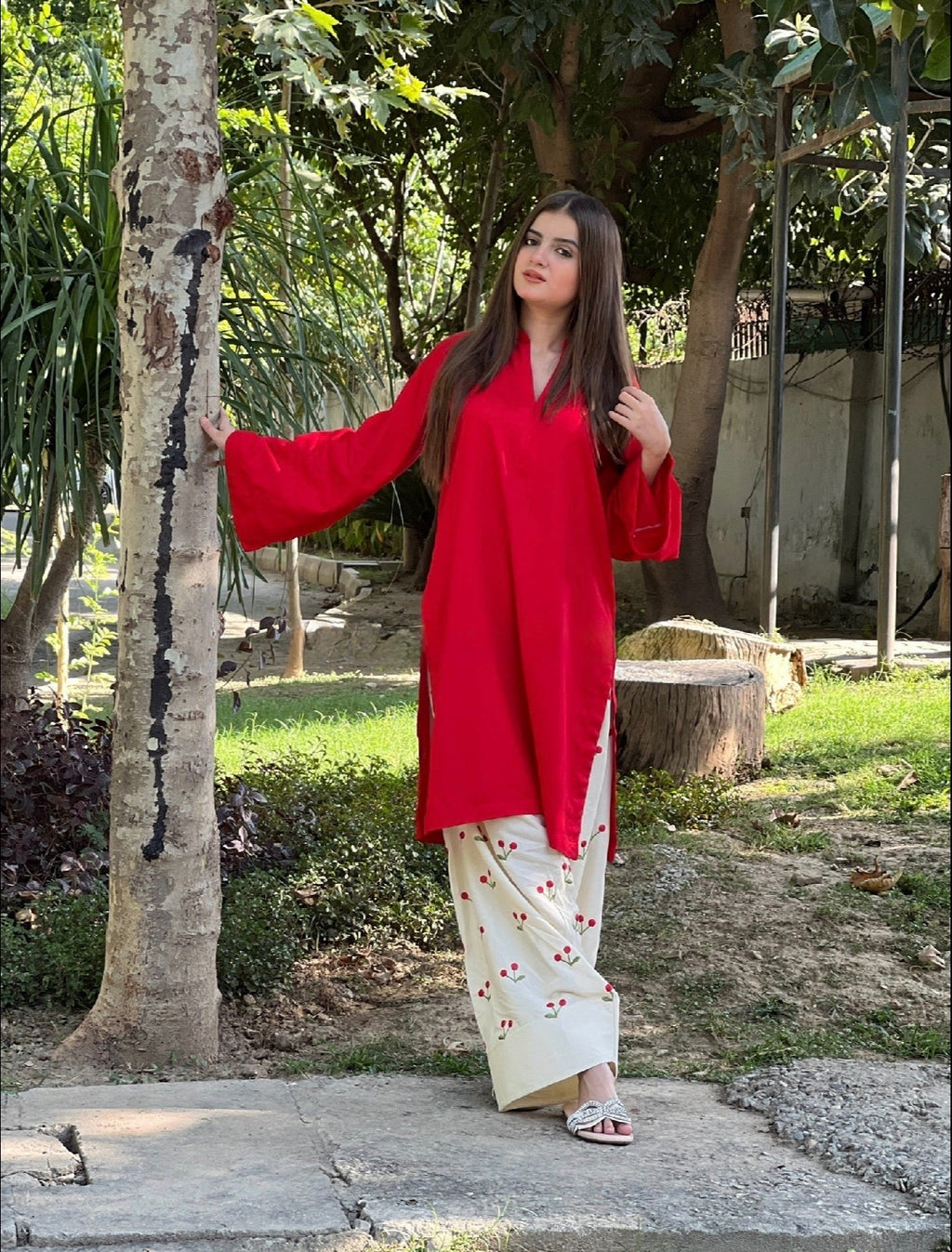 LAL PARI 2 PC Solid Shirt with Embroidered Farshi shalwar