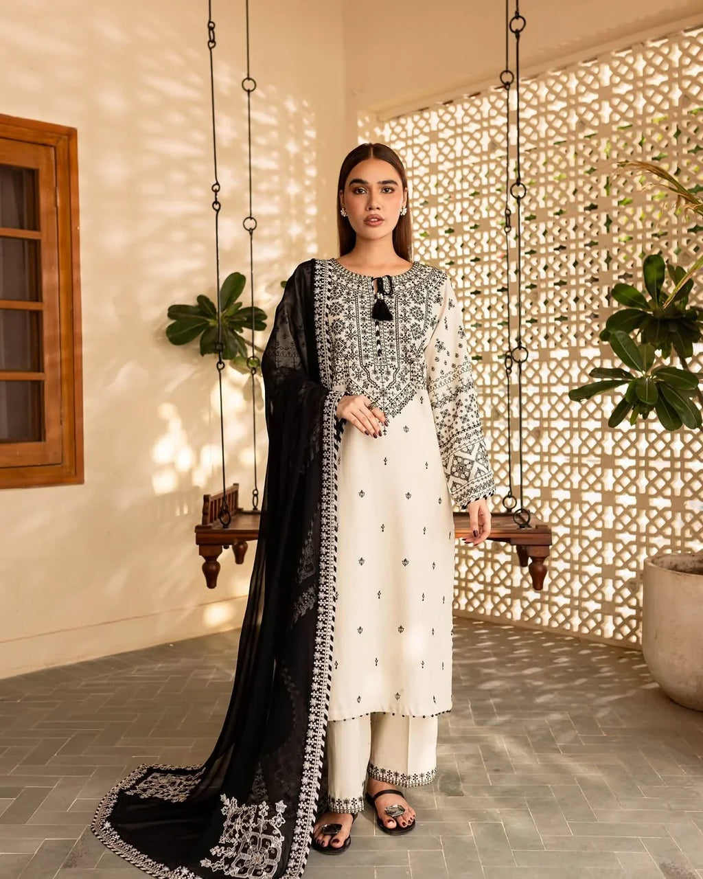 3 pc ARFA Embroidered Co Ords with Chiffon dupatta